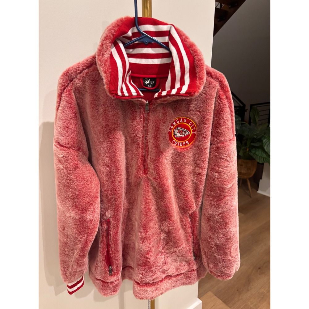 NWOT-G-III 4Her Kansas City Chiefs Red Faux Fur Quarter Zip Pullover Fleece-L